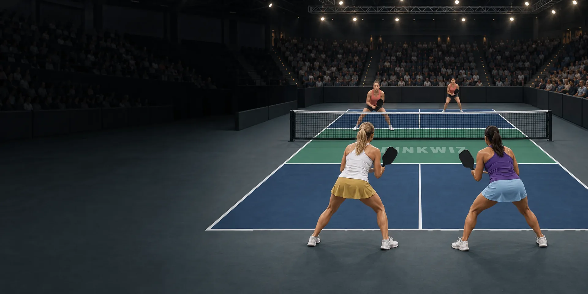 A pickleball doubles point on a show court inside a packed indoor arena.