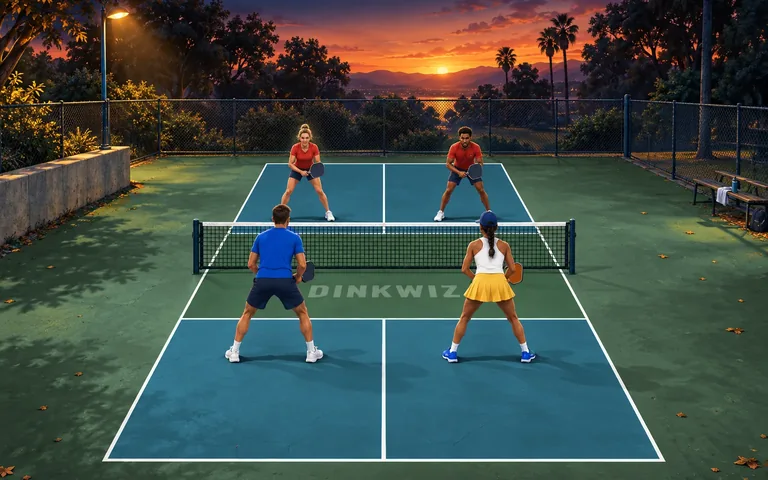 Park at dusk pickleball court with a lake blue playing area, sage green kitchen and players.