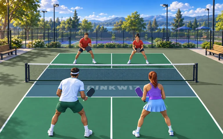 Sunny park pickleball court with a park green playing area, sky blue kitchen and players.