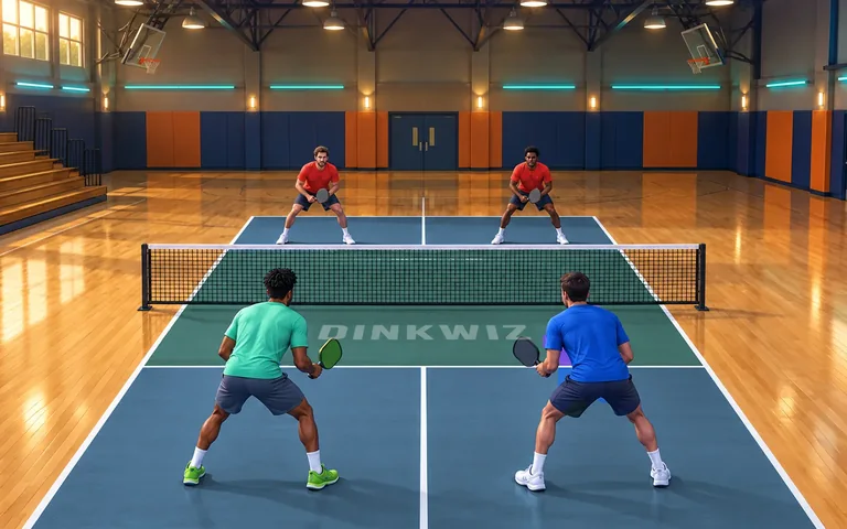 Indoor gym pickleball court with a slate blue playing area, seafoam kitchen and players.