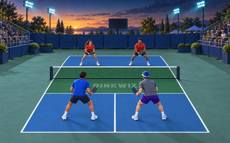 Tournament pickleball court with a tour blue playing area, tour green kitchen and players.