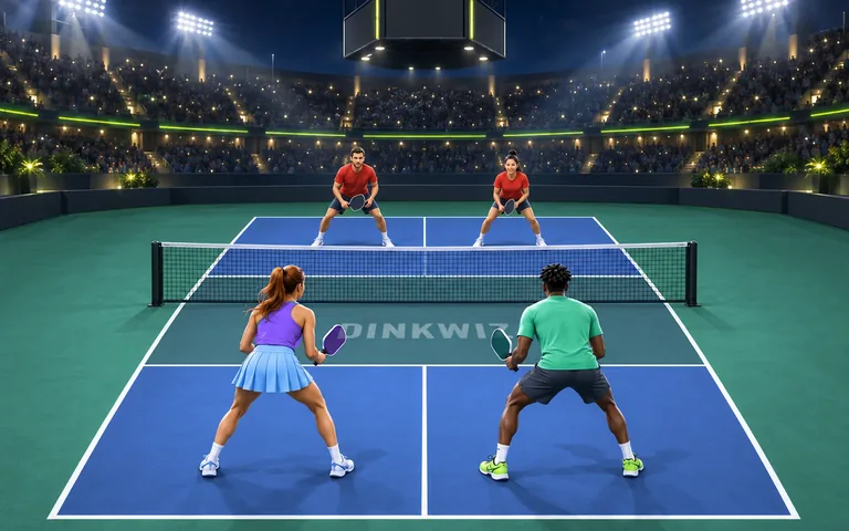 Night stadium pickleball court with a stadium navy playing area, ice blue kitchen and players.