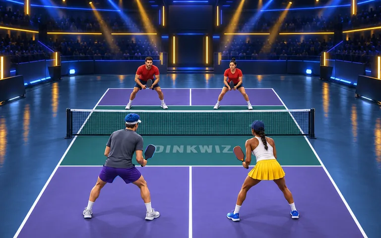 Neon arena pickleball court with a electric indigo playing area, cyan teal kitchen and players.