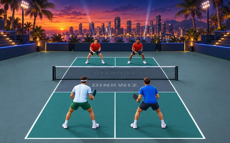 City skyline pickleball court with a petrol teal playing area, steel blue kitchen and players.
