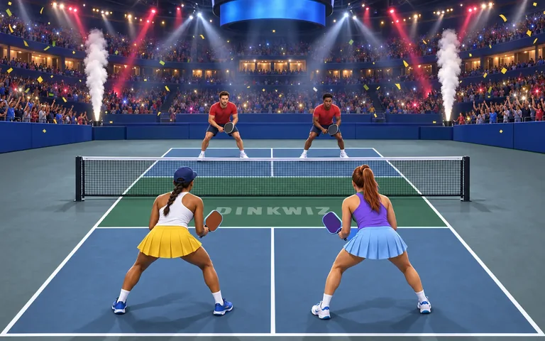 Championship arena pickleball court with a midnight navy playing area, championship emerald kitchen and players.